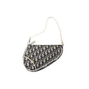 Christian Dior Saddle Bag One Shoulder Hobo Trotter Black White Canvas
